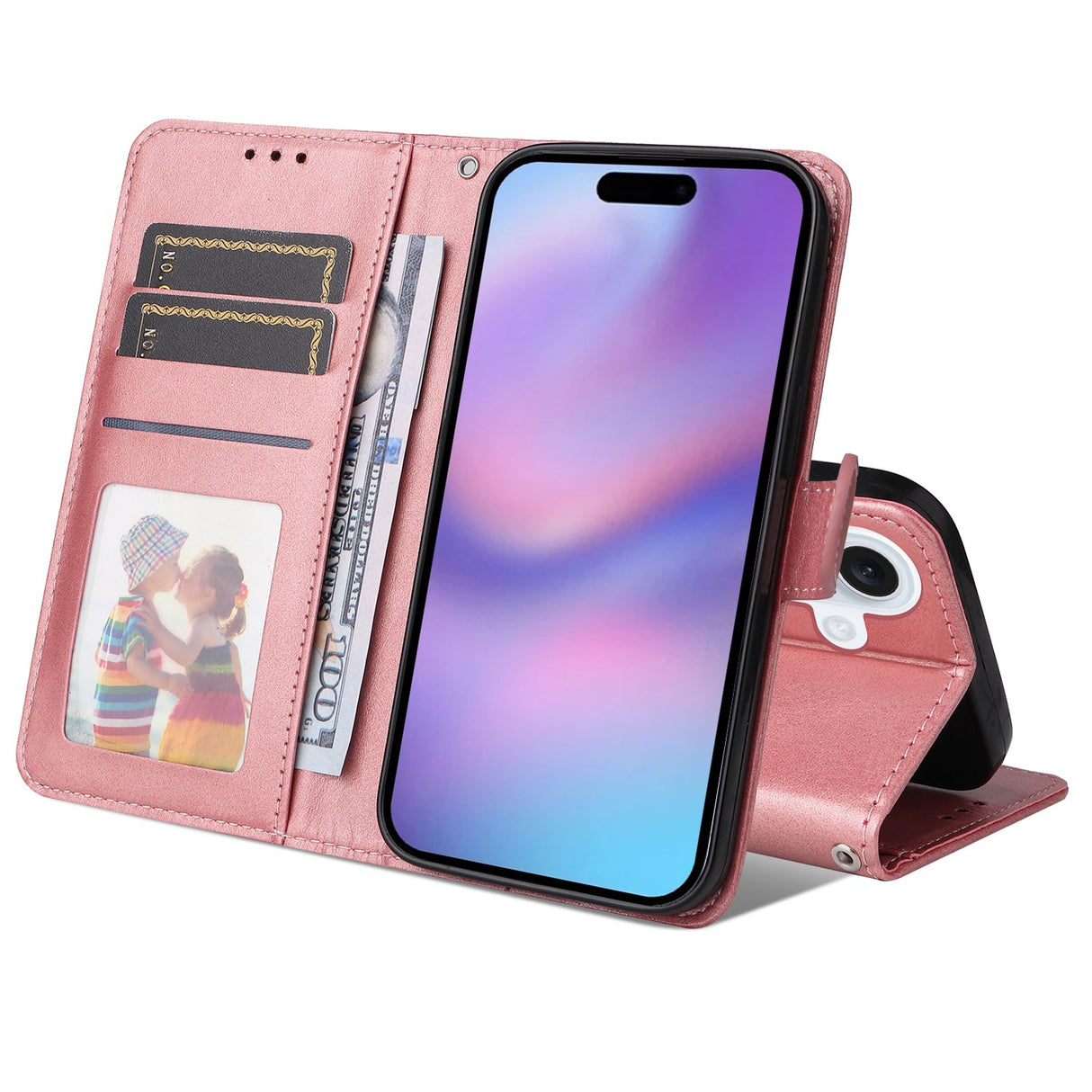 EIDERWOOD iPhone 17 Kunstskinn Flip Deksel med Lommebok & Stropp – Rosa