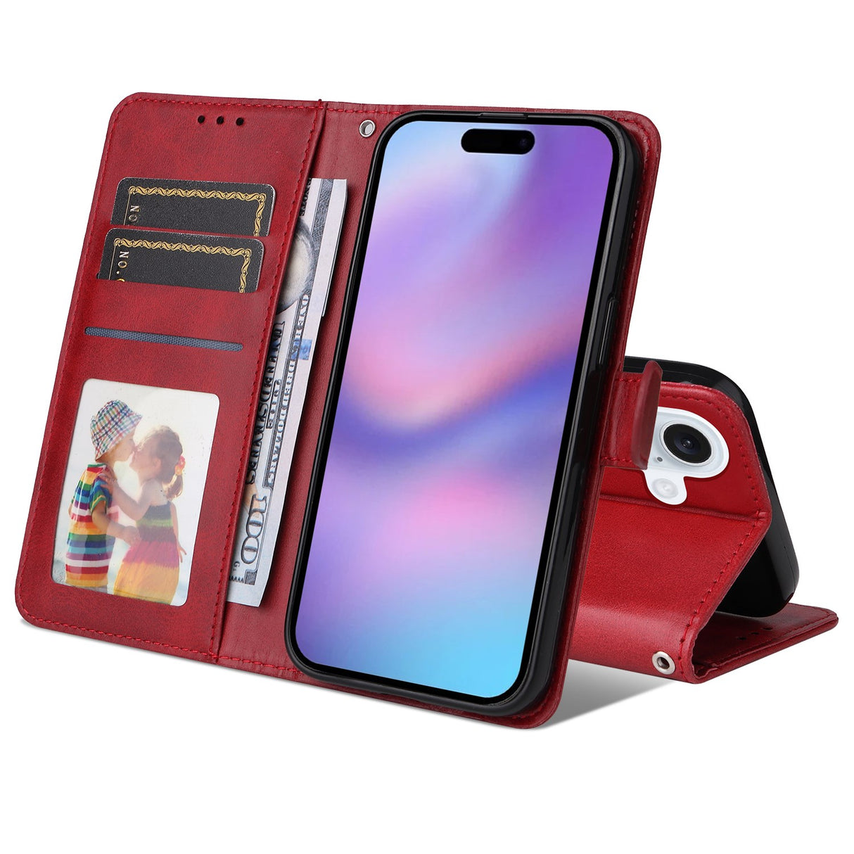 EIDERWOOD iPhone 17 Kunstskinn Flip Deksel med Lommebok & Stropp – Rød
