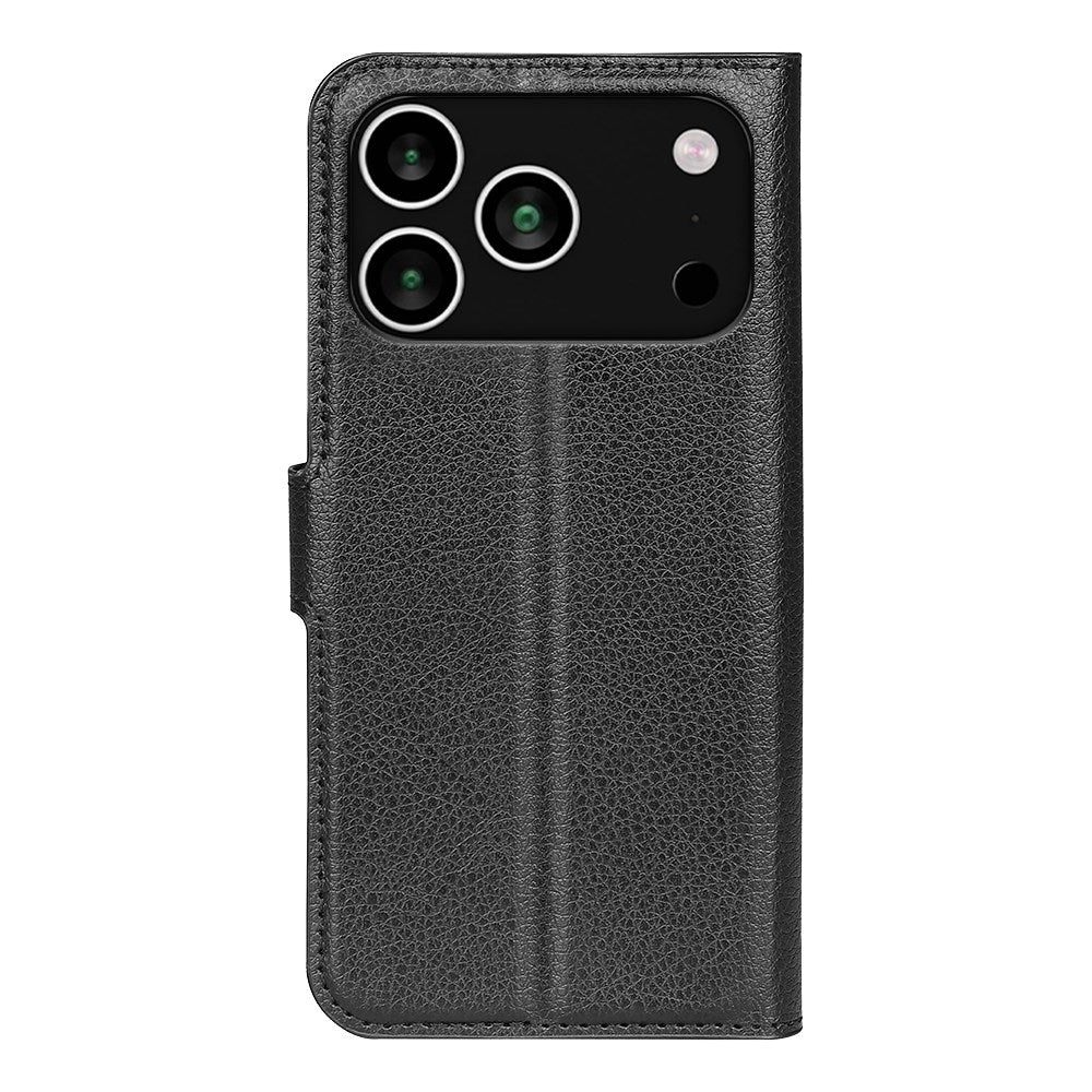 EIDERWOOD iPhone 17 Pro Litchi Flip Deksel med Innebygd Kortholder & Stativfunksjon – Svart