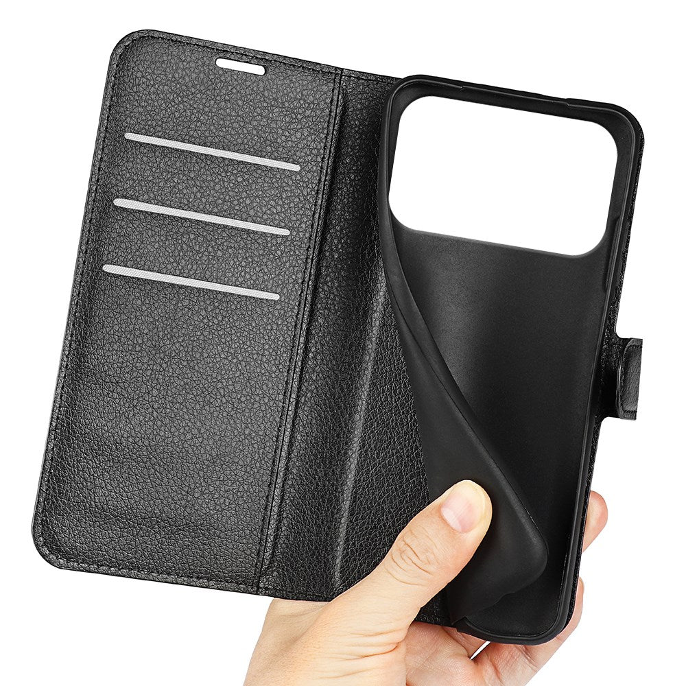EIDERWOOD iPhone 17 Pro Litchi Flip Deksel med Innebygd Kortholder & Stativfunksjon – Svart