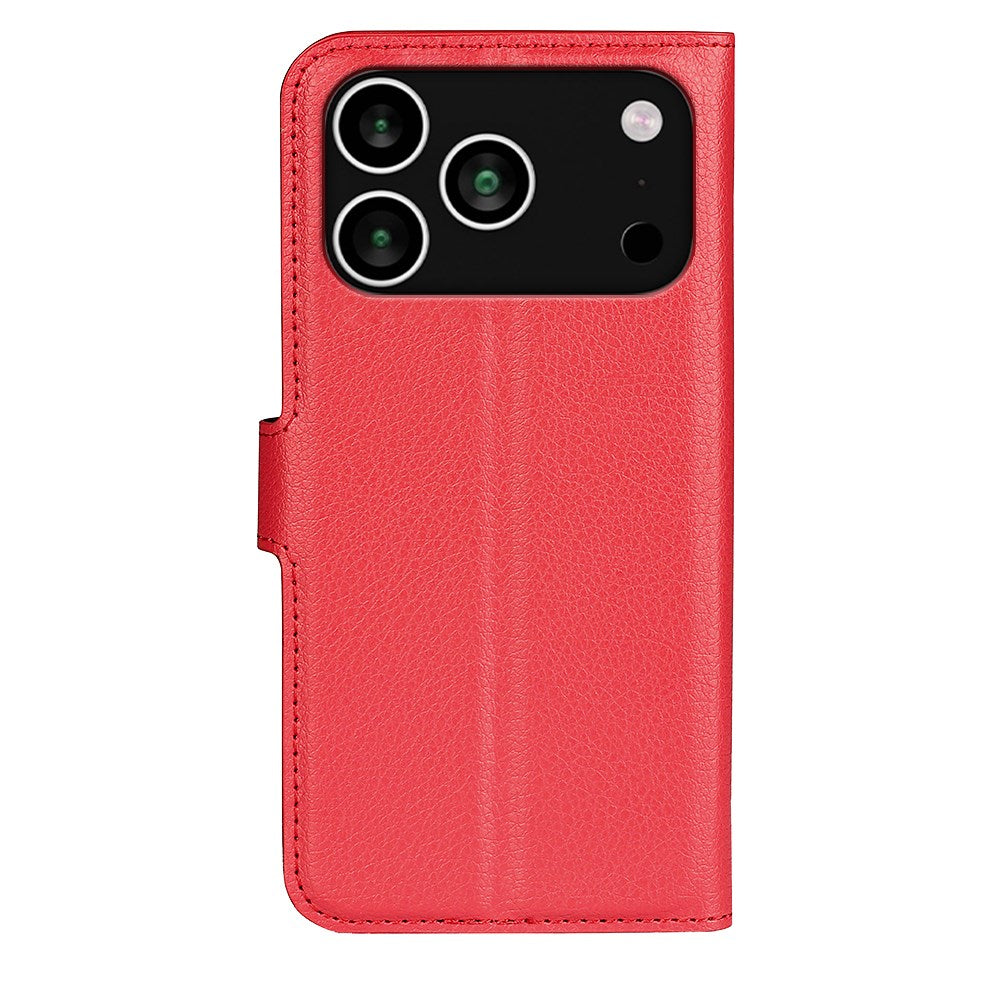 EIDERWOOD iPhone 17 Pro Litchi Flip Deksel med Innebygd Kortholder & Stativfunksjon – Rød