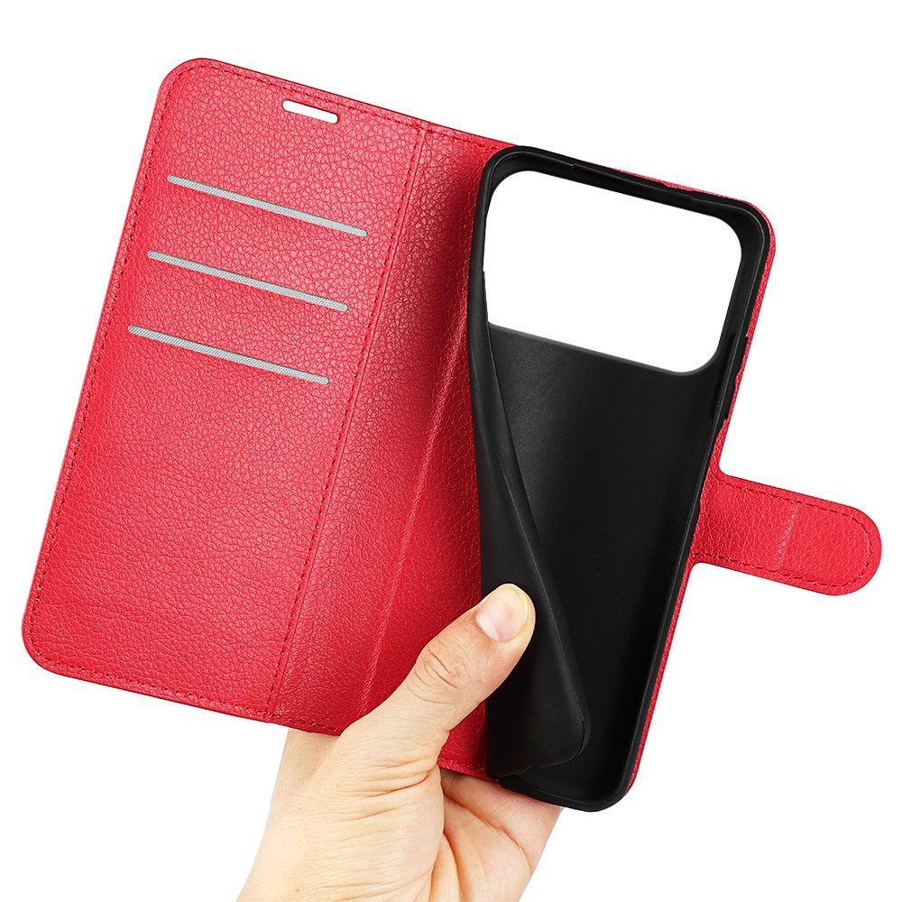 EIDERWOOD iPhone 17 Pro Litchi Flip Deksel med Innebygd Kortholder & Stativfunksjon – Rød