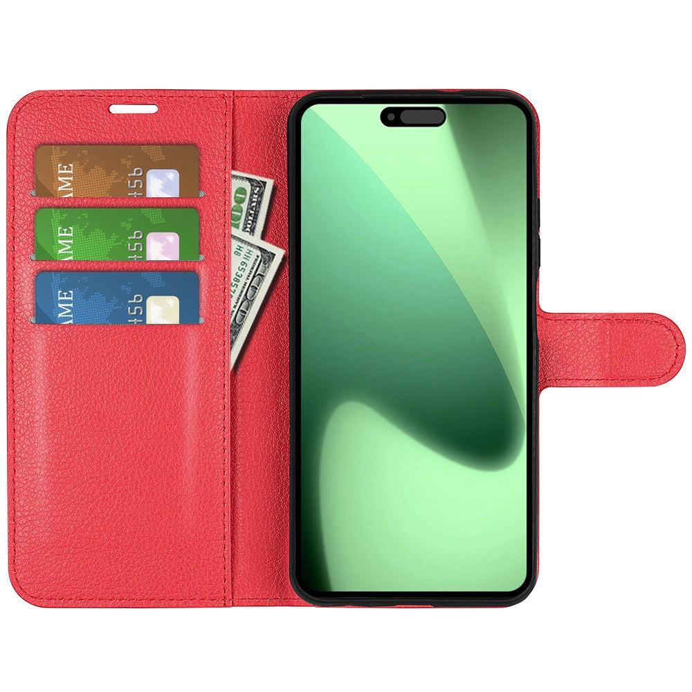 EIDERWOOD iPhone 17 Pro Litchi Flip Deksel med Innebygd Kortholder & Stativfunksjon – Rød