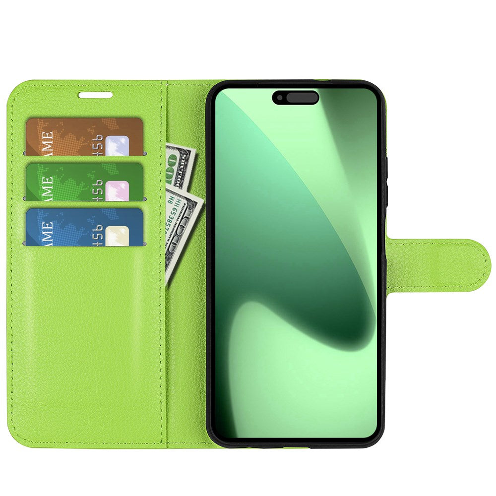 EIDERWOOD iPhone 17 Pro Litchi Flip Deksel med Innebygd Kortholder & Stativfunksjon – Grønn