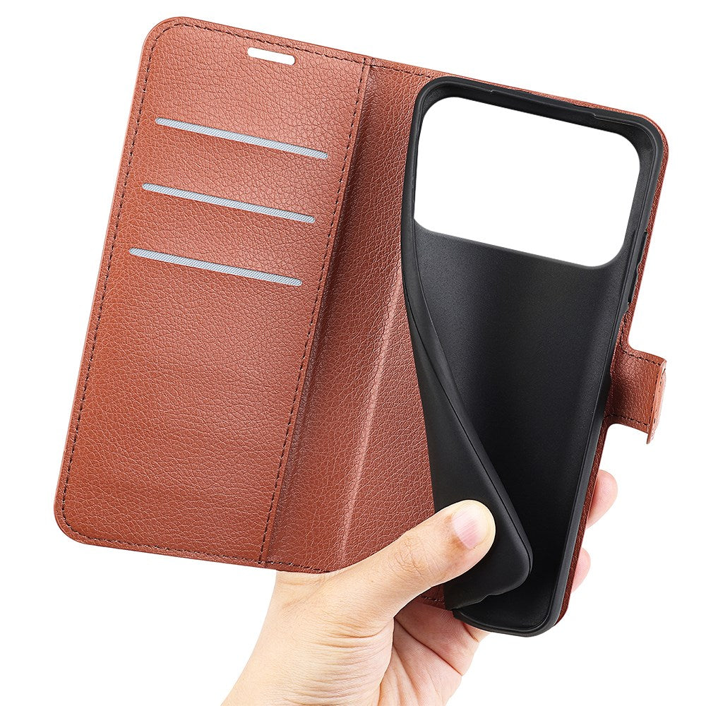 EIDERWOOD iPhone 17 Pro Litchi Flip Deksel med Innebygd Kortholder & Stativfunksjon – Brun