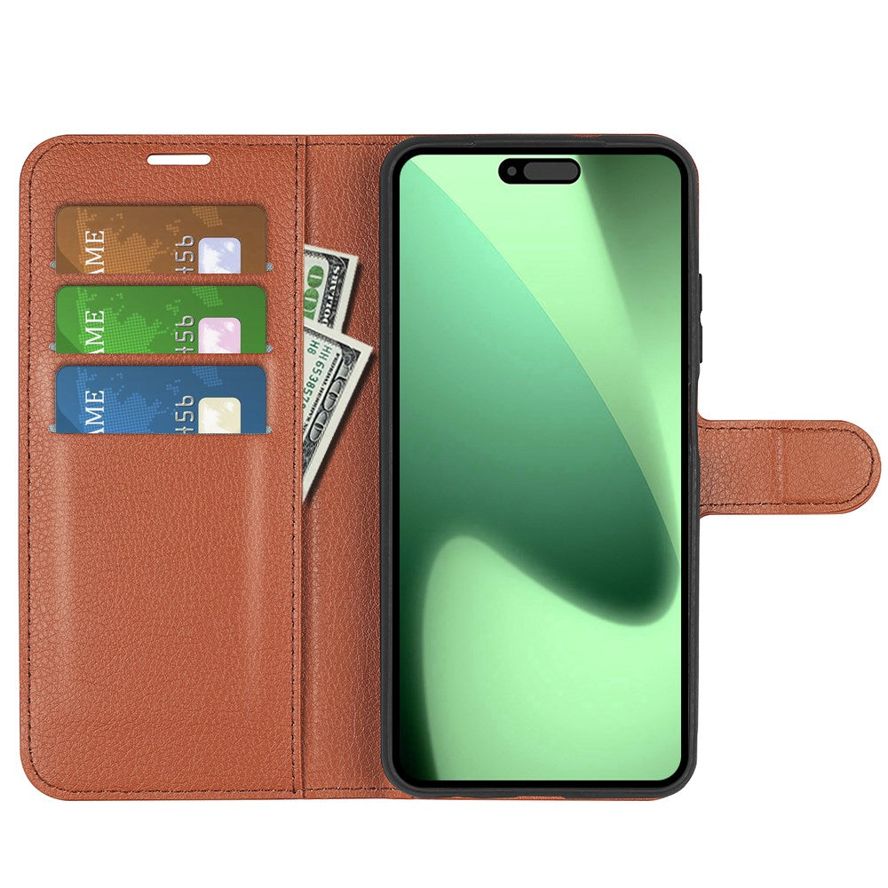 EIDERWOOD iPhone 17 Pro Litchi Flip Deksel med Innebygd Kortholder & Stativfunksjon – Brun