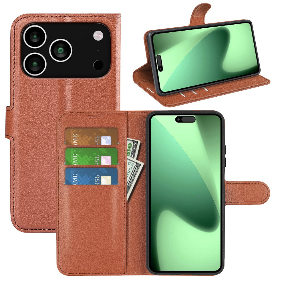 EIDERWOOD iPhone 17 Pro Litchi Flip Deksel med Innebygd Kortholder & Stativfunksjon – Brun