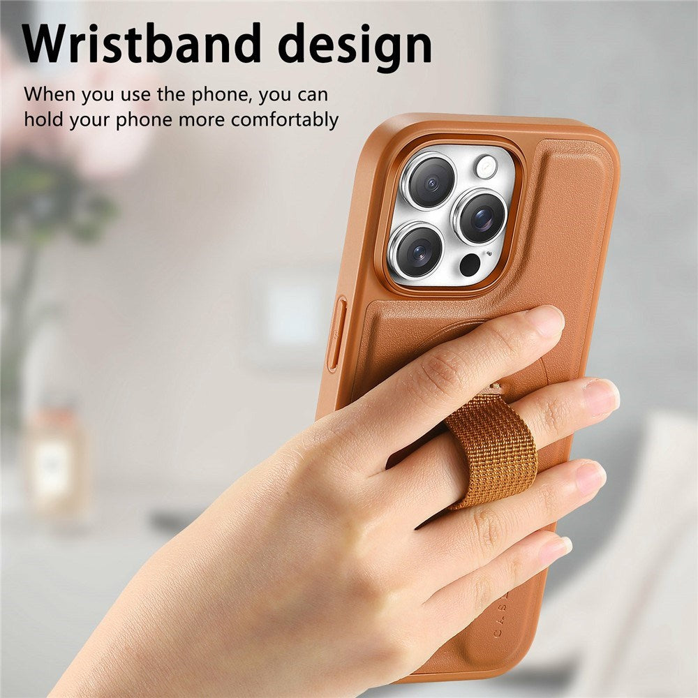 iPhone 16 Pro Hard Plast Deksel m. Kunstskinn Bakside & Fingerrem - MagSafe Kompatibel - Brun