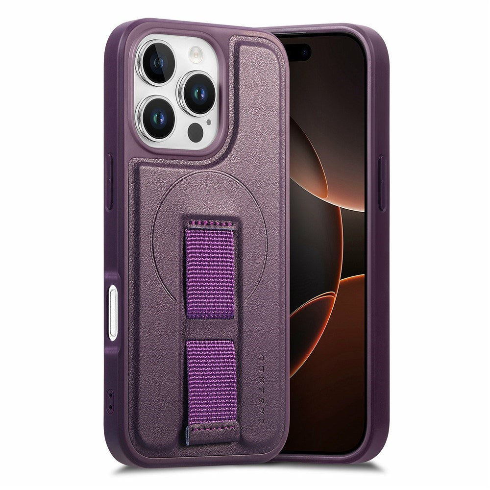 iPhone 16 Pro Hard Plast Deksel m. Kunstskinn Bakside & Fingerrem - MagSafe Kompatibel - Lilla