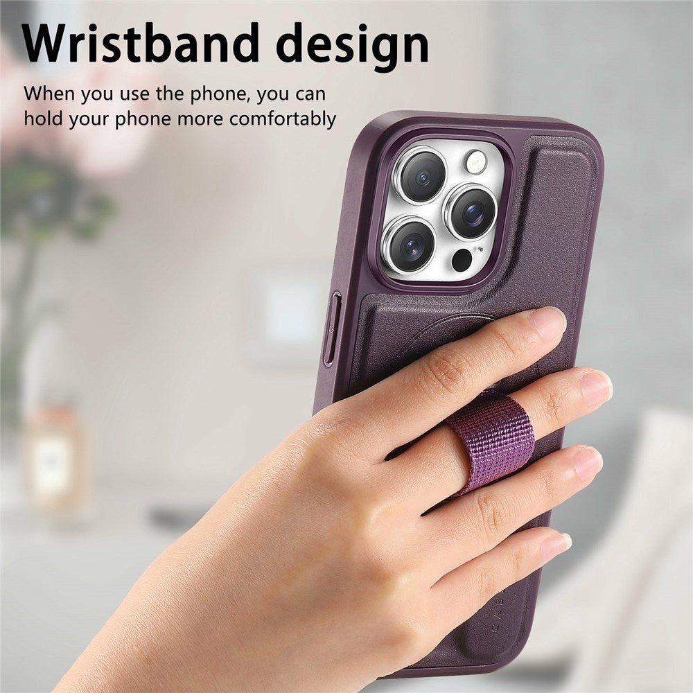 iPhone 16 Pro Hard Plast Deksel m. Kunstskinn Bakside & Fingerrem - MagSafe Kompatibel - Lilla