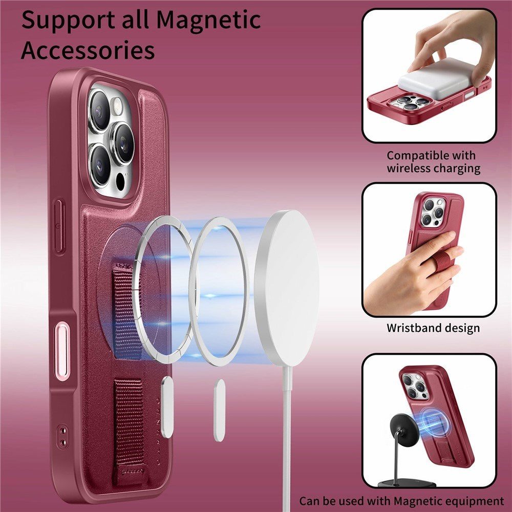 iPhone 16 Pro Hard Plast Deksel m. Kunstskinn Bakside & Fingerrem - MagSafe Kompatibel - Rød