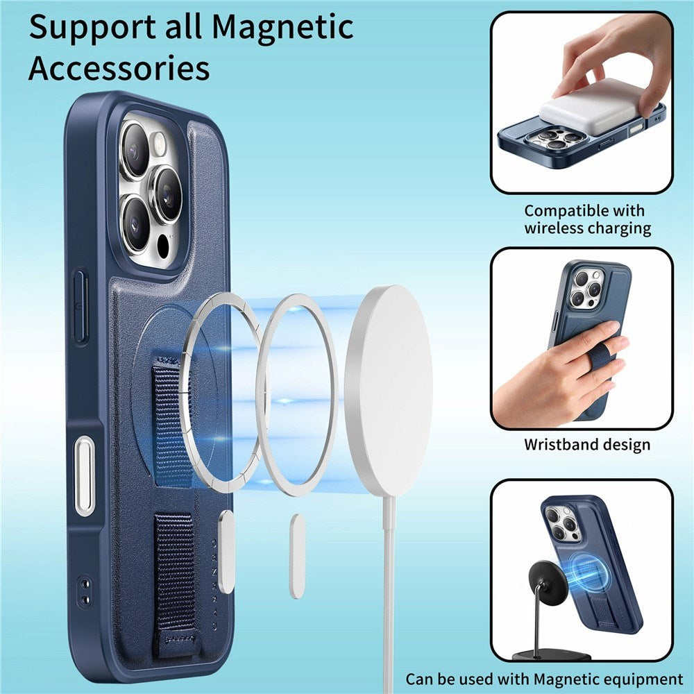 iPhone 16 Pro Hard Plast Deksel m. Kunstskinn Bakside & Fingerrem - MagSafe Kompatibel - Blå
