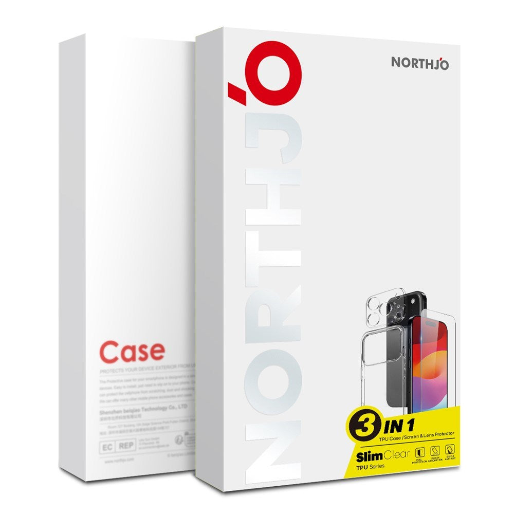 NORTHJO iPhone 17 Pro Max 3-i-1 Beskyttelsessett m. Fleksibelt Plast Deksel / Herdet Skjermbeskyttelsesglass / Kameralinsebeskytterglass - Gjennomsiktig