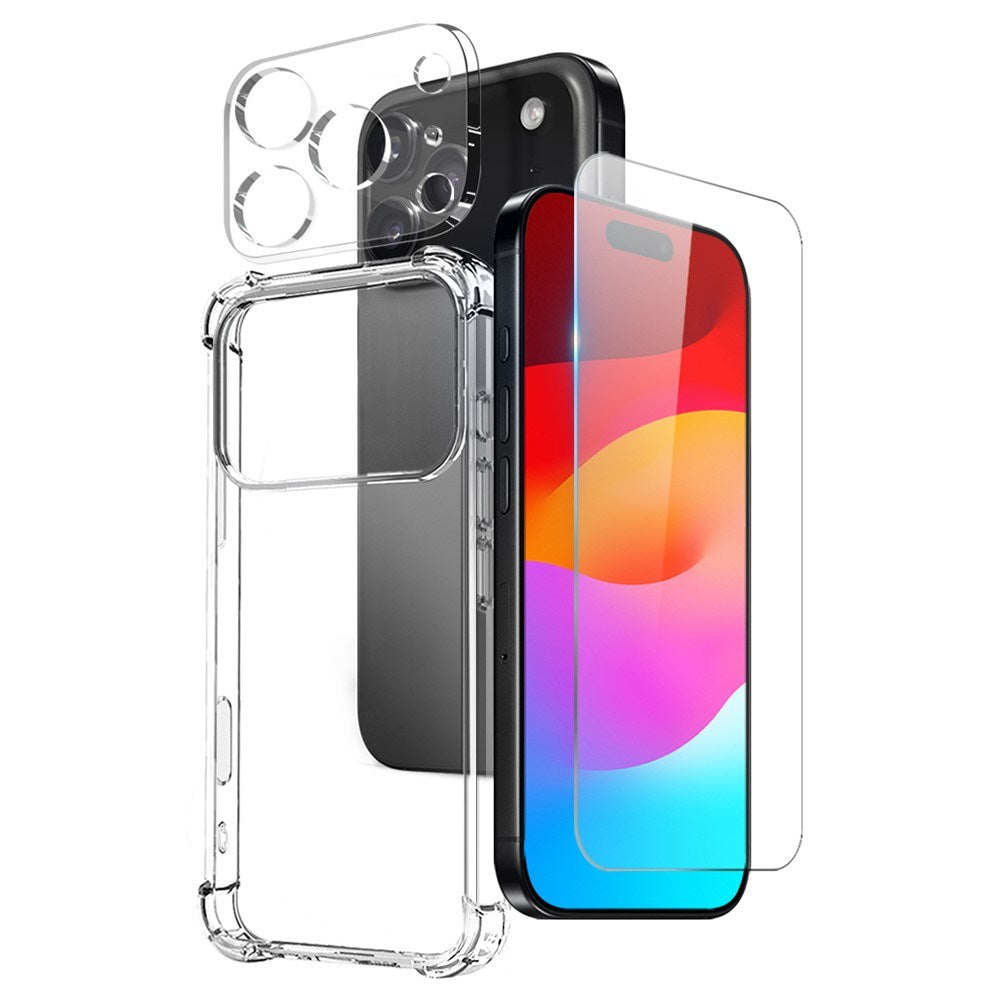 NORTHJO iPhone 17 Pro 3-i-1 Beskyttelsessett m. Støtabsorberende Fleksibelt Plast Deksel / Herdet Skjermbeskyttelsesglass / Kameralinsebeskytterglass - Gjennomsiktig