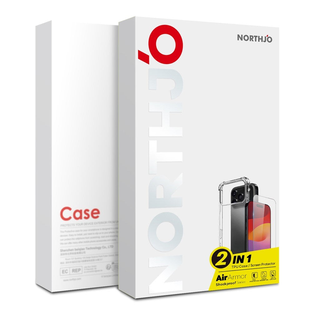 NORTHJO iPhone 17 Pro Max 2-i-1 Beskyttelsessett m. Støtabsorberende Fleksibelt Plast Deksel & Herdet Skjermbeskyttelsesglass - Gjennomsiktig