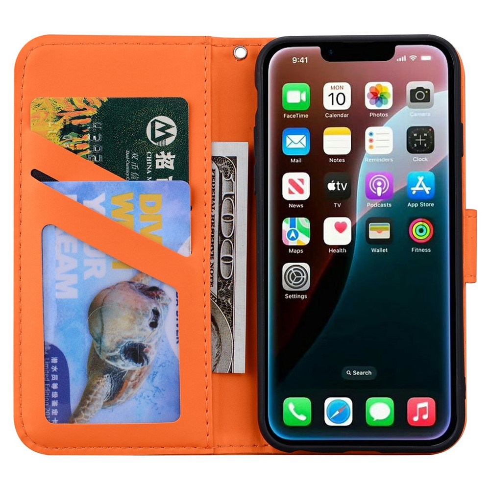 iPhone 17e / 16e Kunstskinn Flip Deksel m. Figur - Oransje
