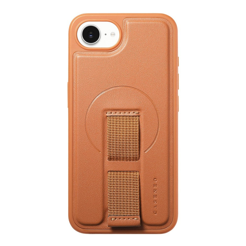 iPhone 17e / 16e Hard Plast Deksel m. Kunstskinn Bakside & Fingerrem - MagSafe Kompatibel - Brun