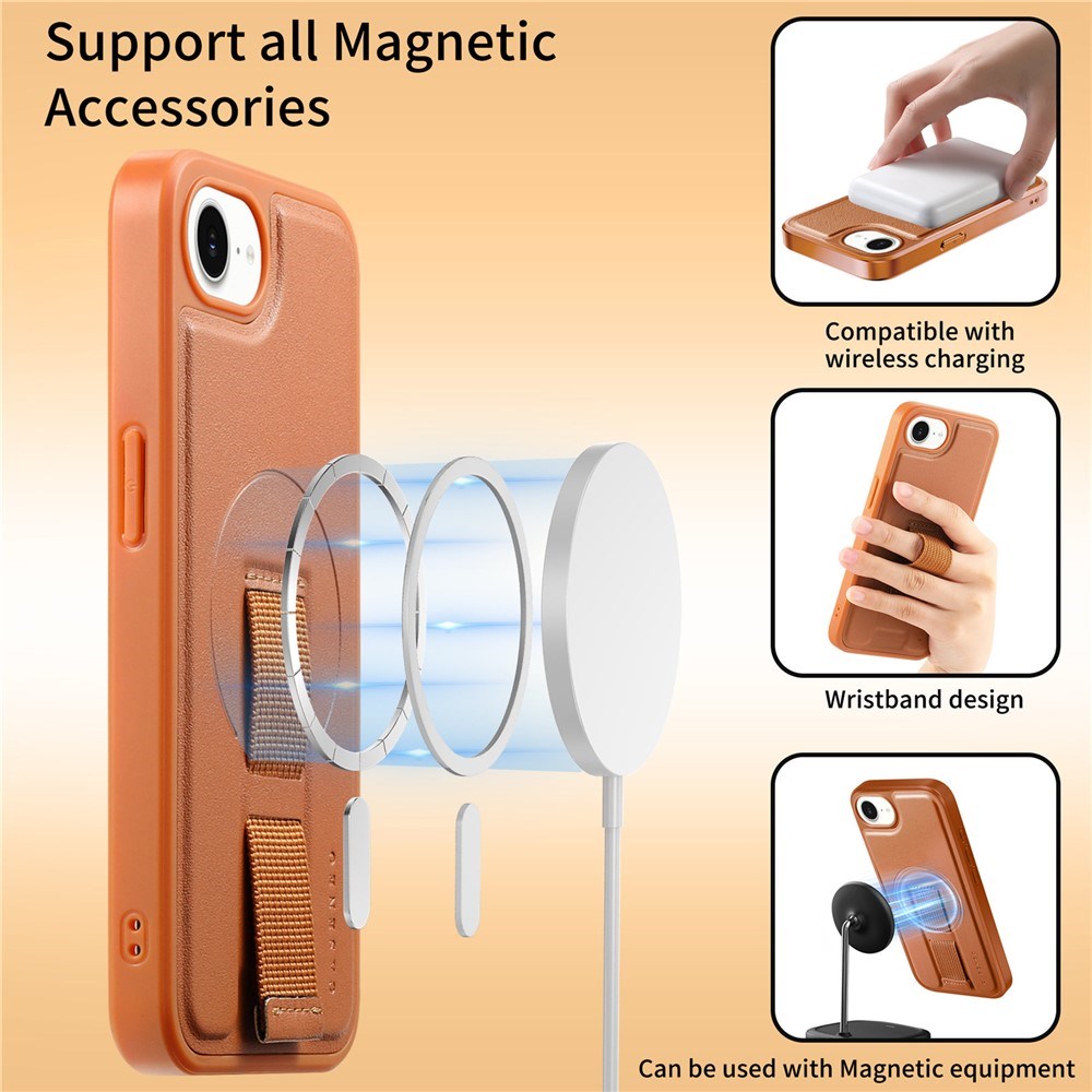 iPhone 17e / 16e Hard Plast Deksel m. Kunstskinn Bakside & Fingerrem - MagSafe Kompatibel - Brun