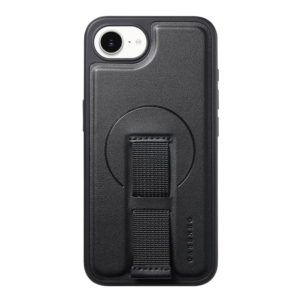 iPhone 17e / 16e Hard Plast Deksel m. Kunstskinn Bakside & Fingerrem - MagSafe Kompatibel - Svart