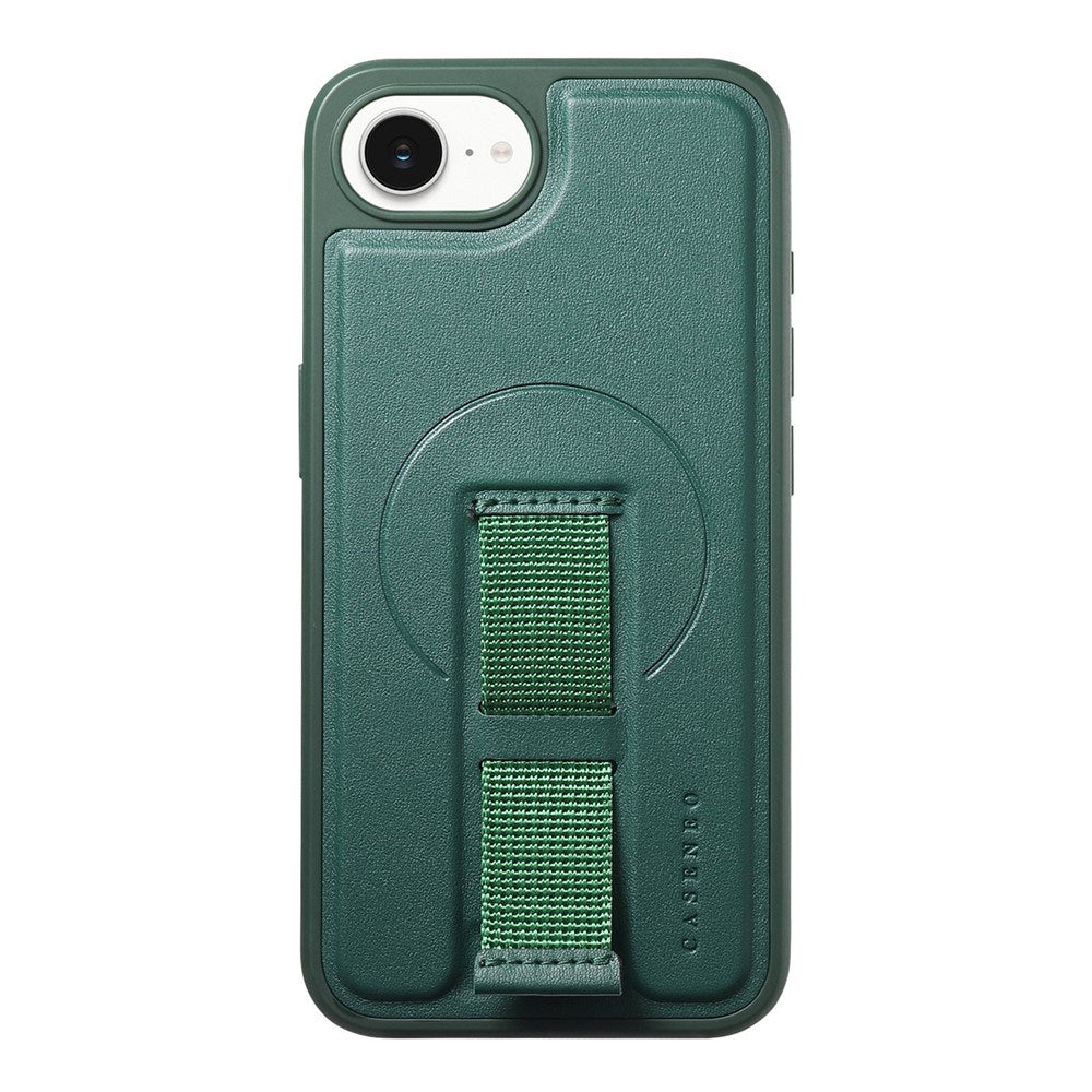 iPhone 17e / 16e Hard Plast Deksel m. Kunstskinn Bakside & Fingerrem - MagSafe Kompatibel - Grønn