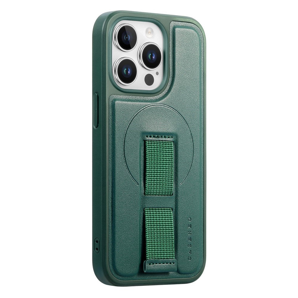 iPhone 13 Pro Hard Plast Deksel m. Kunstskinn Bakside & Fingerrem - MagSafe Kompatibel - Grønn
