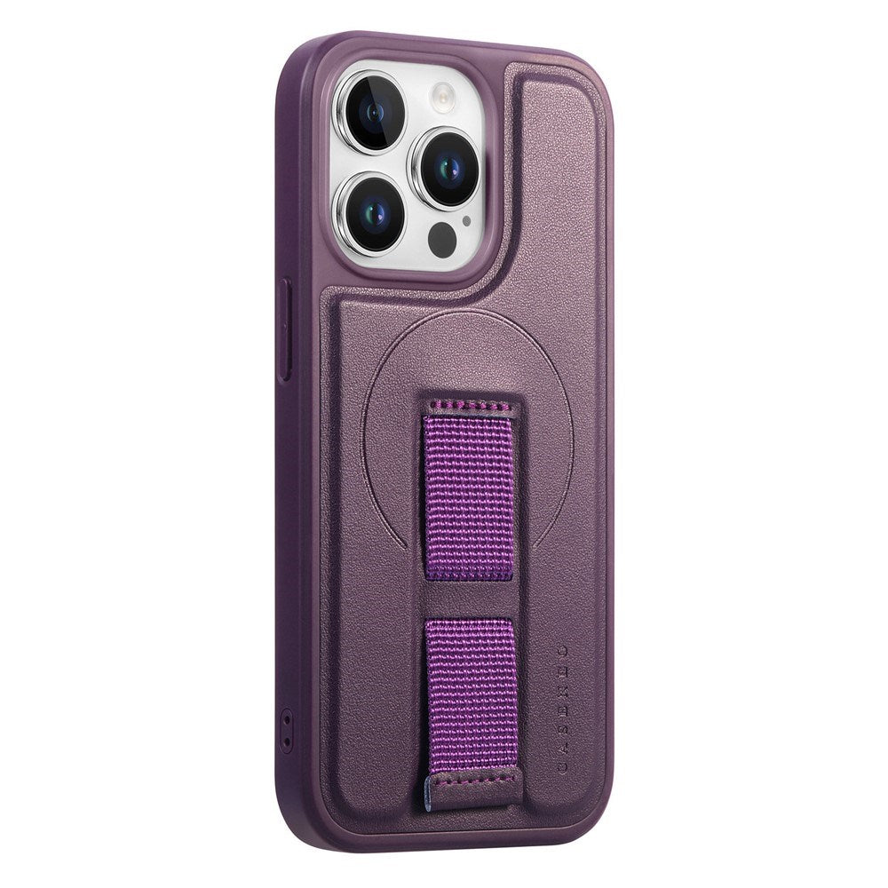 iPhone 13 Pro Hard Plast Deksel m. Kunstskinn Bakside & Fingerrem - MagSafe Kompatibel - Lilla