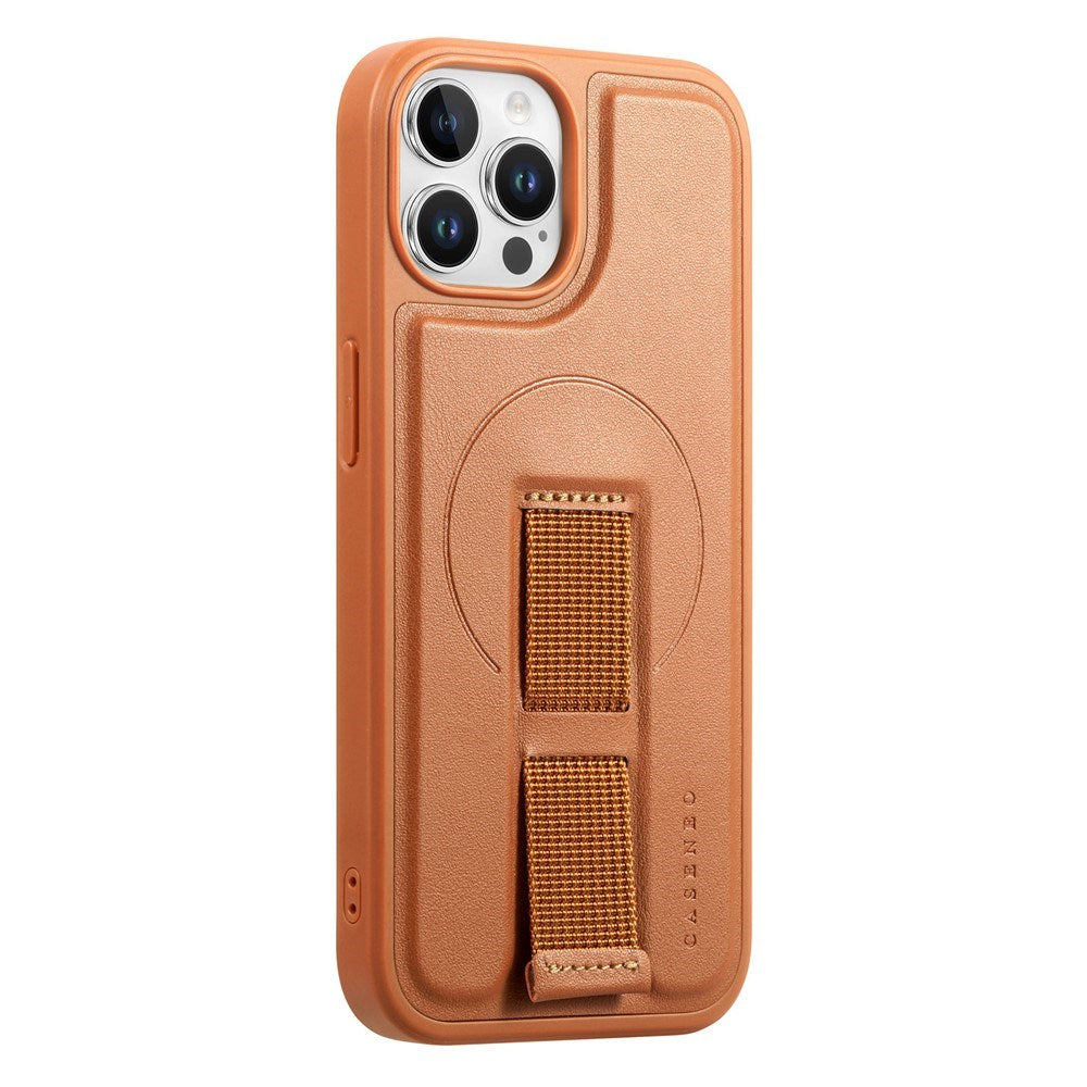 iPhone 12 / 12 Pro Hard Plast Deksel m. Kunstskinn Bakside & Fingerrem - MagSafe Kompatibel - Brun