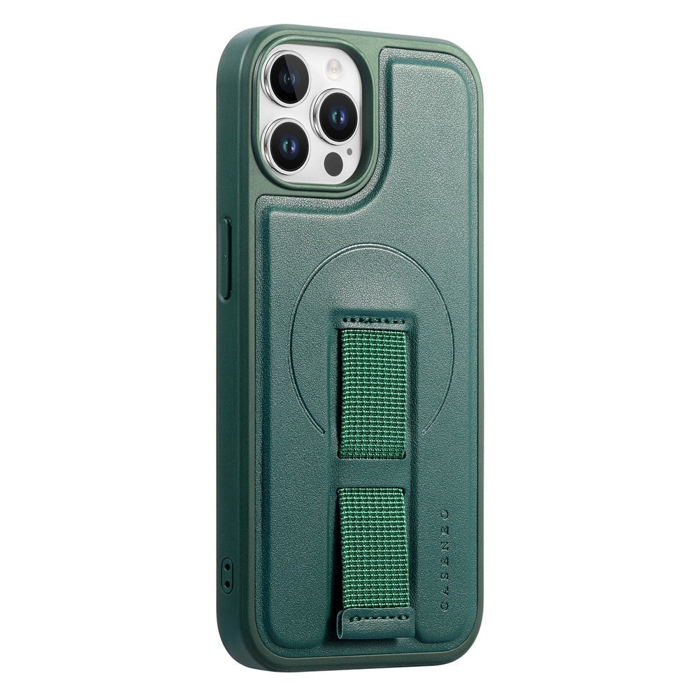 iPhone 12 / 12 Pro Hard Plast Deksel m. Kunstskinn Bakside & Fingerrem - MagSafe Kompatibel - Grønn