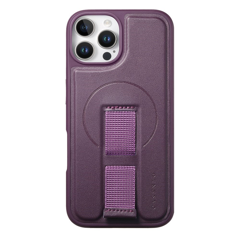 iPhone 12 / 12 Pro Hard Plast Deksel m. Kunstskinn Bakside & Fingerrem - MagSafe Kompatibel - Lilla