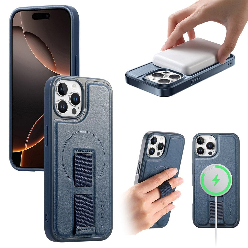 iPhone 12 / 12 Pro Hard Plast Deksel m. Kunstskinn Bakside & Fingerrem - MagSafe Kompatibel - Blå