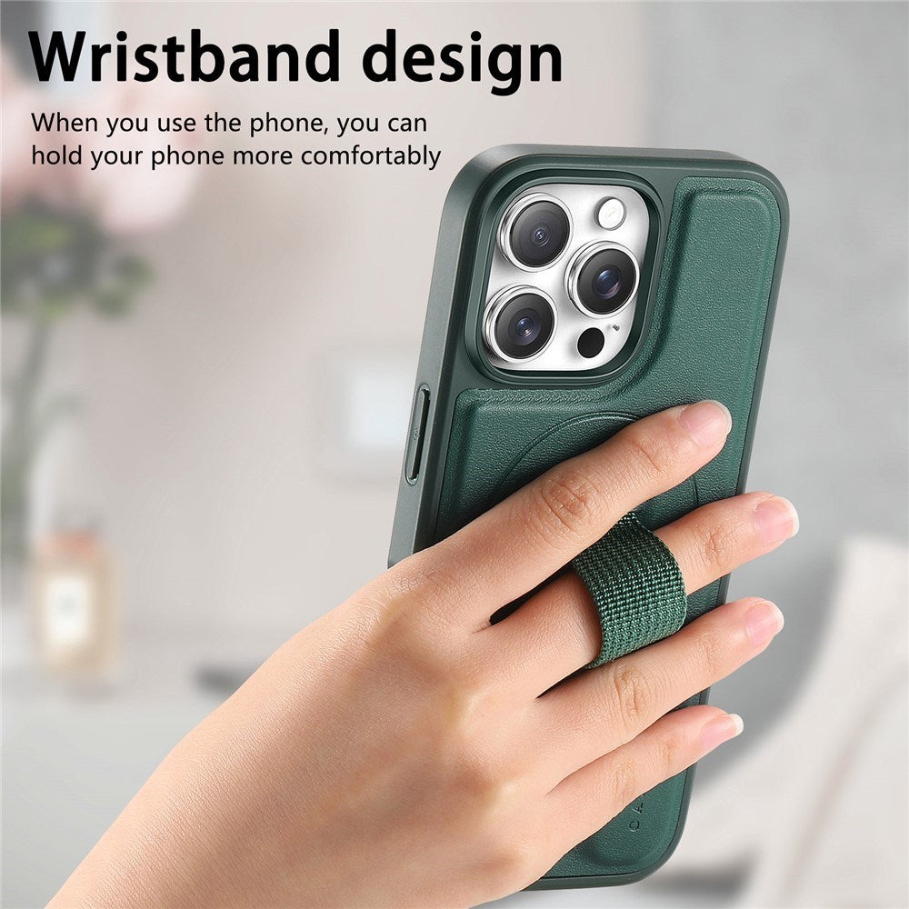 iPhone 14 Pro Hard Plast Deksel m. Kunstskinn Bakside & Fingerrem - MagSafe Kompatibel - Grønn