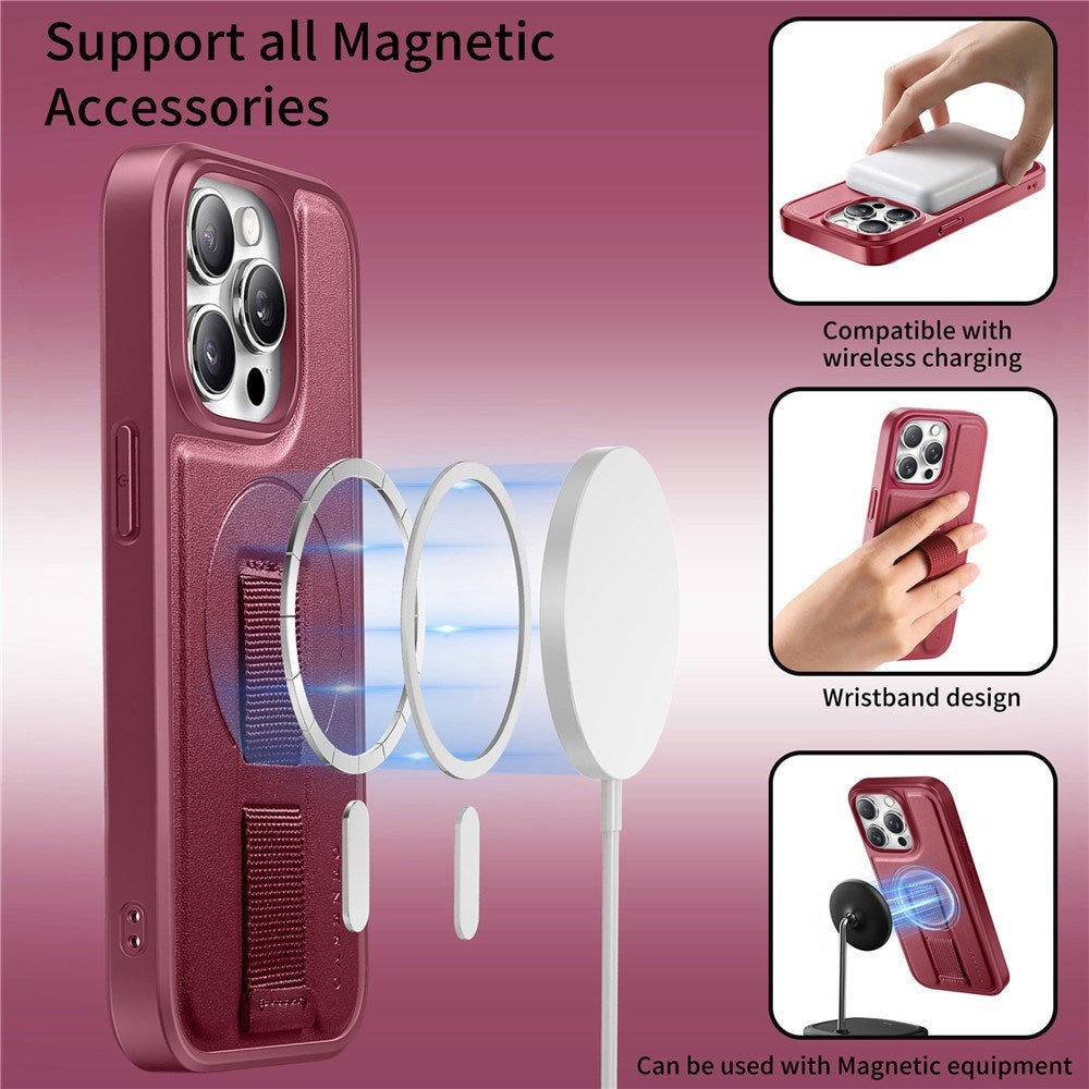 iPhone 14 Pro Hard Plast Deksel m. Kunstskinn Bakside & Fingerrem - MagSafe Kompatibel - Rød