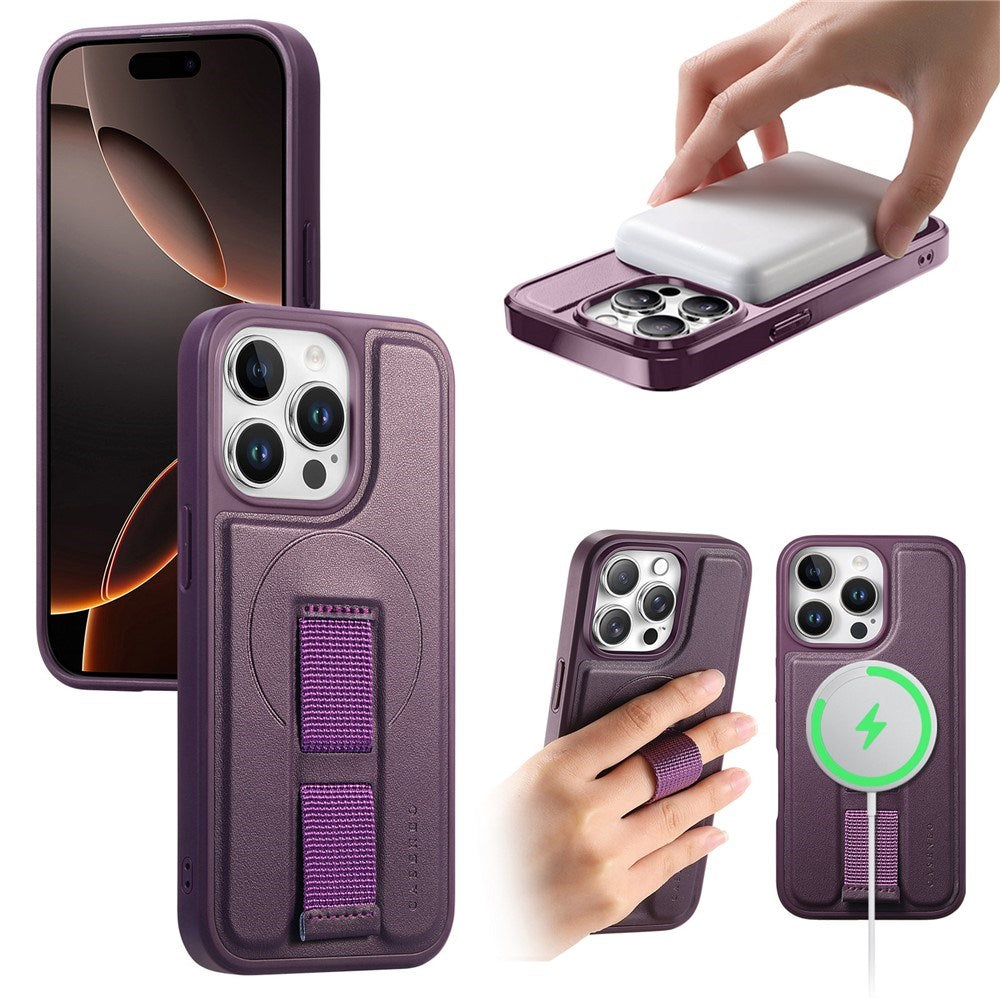 iPhone 15 Pro Hard Plast Deksel m. Kunstskinn Bakside & Fingerrem - MagSafe Kompatibel - Lilla