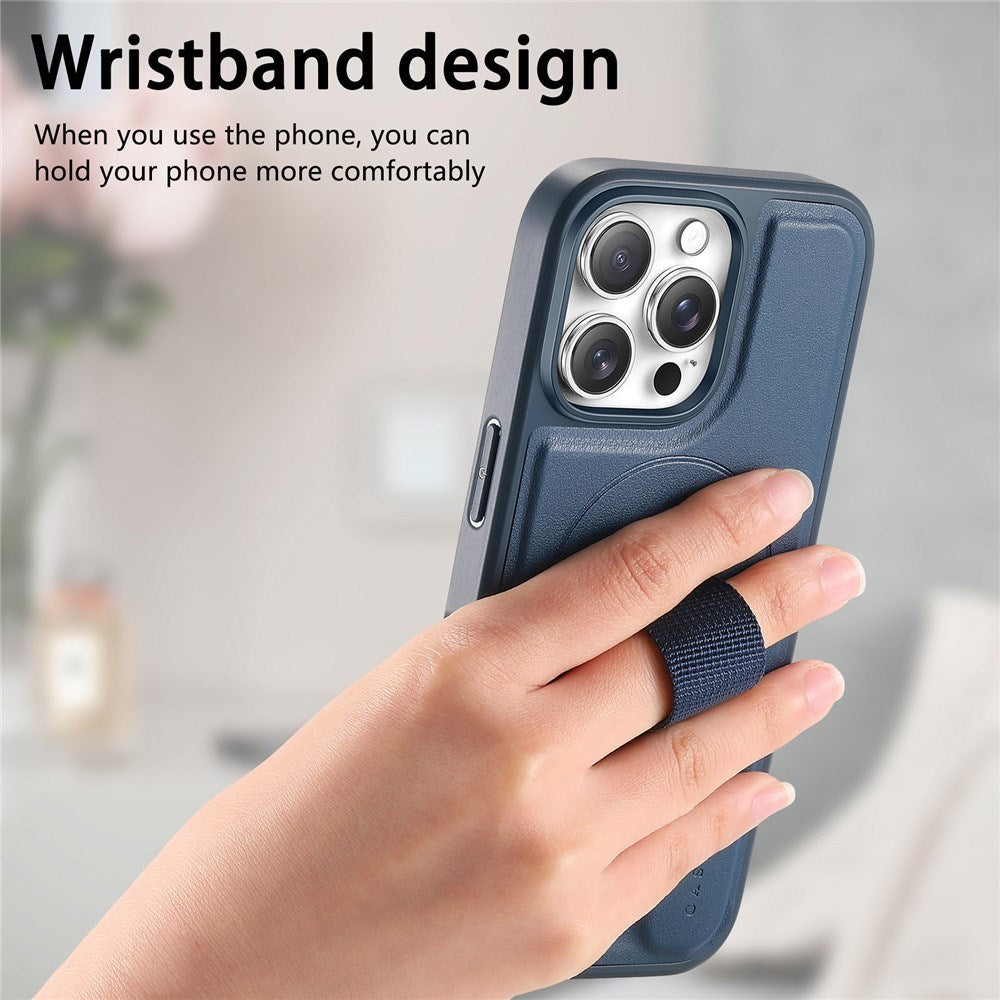 iPhone 15 Pro Hard Plast Deksel m. Kunstskinn Bakside & Fingerrem - MagSafe Kompatibel - Blå