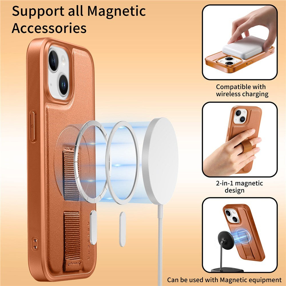 iPhone 15 Hard Plast Deksel m. Kunstskinn Bakside & Fingerrem - MagSafe Kompatibel - Brun