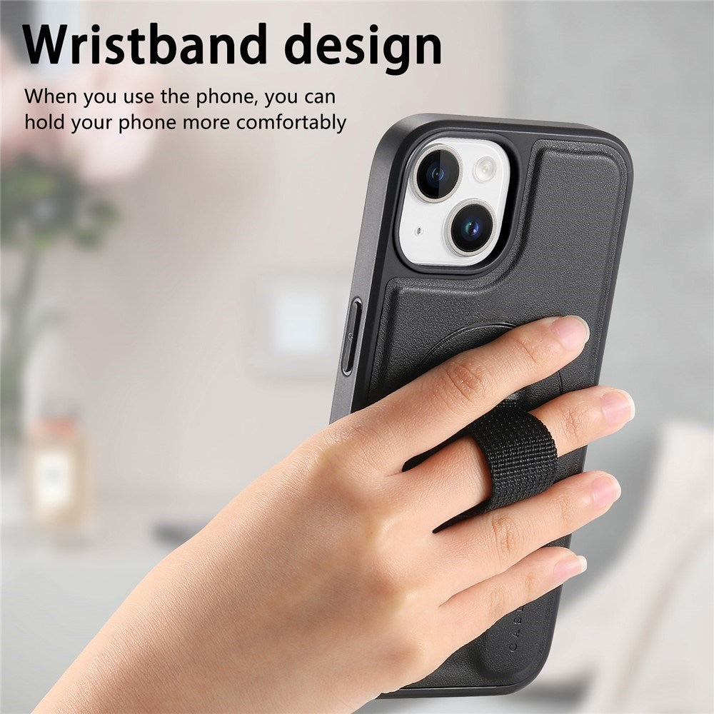 iPhone 15 Hard Plast Deksel m. Kunstskinn Bakside & Fingerrem - MagSafe Kompatibel - Svart