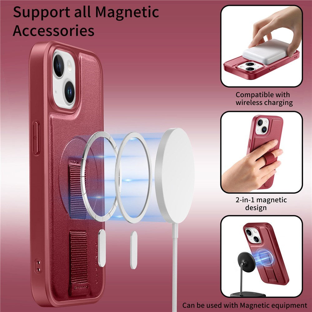 iPhone 15 Hard Plast Deksel m. Kunstskinn Bakside & Fingerrem - MagSafe Kompatibel - Rød