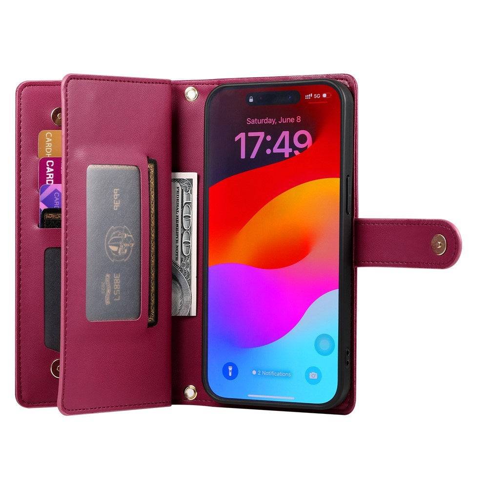EIDERWOOD iPhone 17 Pro Flip Deksel med Kortholder / Glidelåslomme / Stropp - Rød