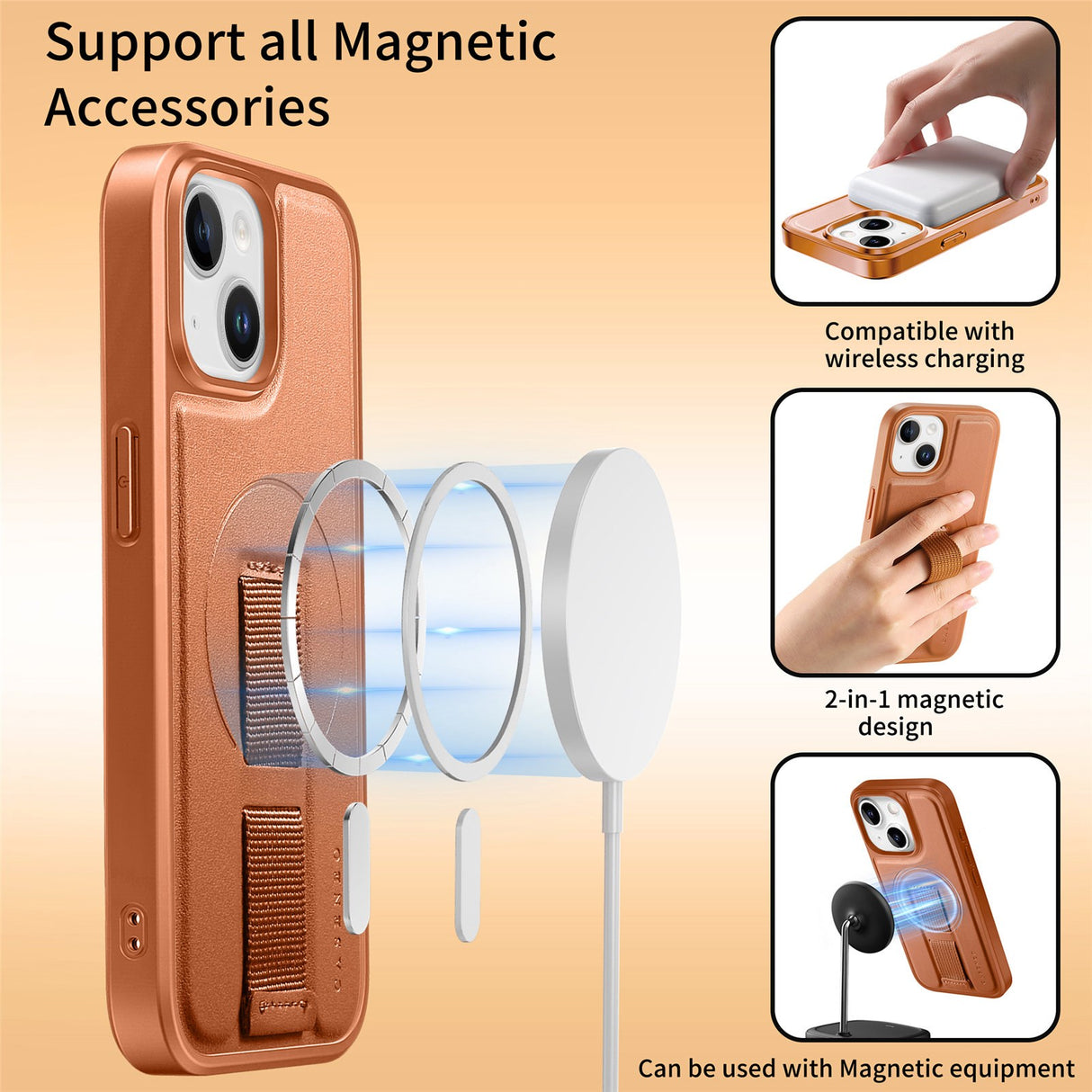 iPhone 14 / 13 Hard Plast Deksel m. Kunstskinn Bakside & Fingerrem - MagSafe Kompatibel - Brun