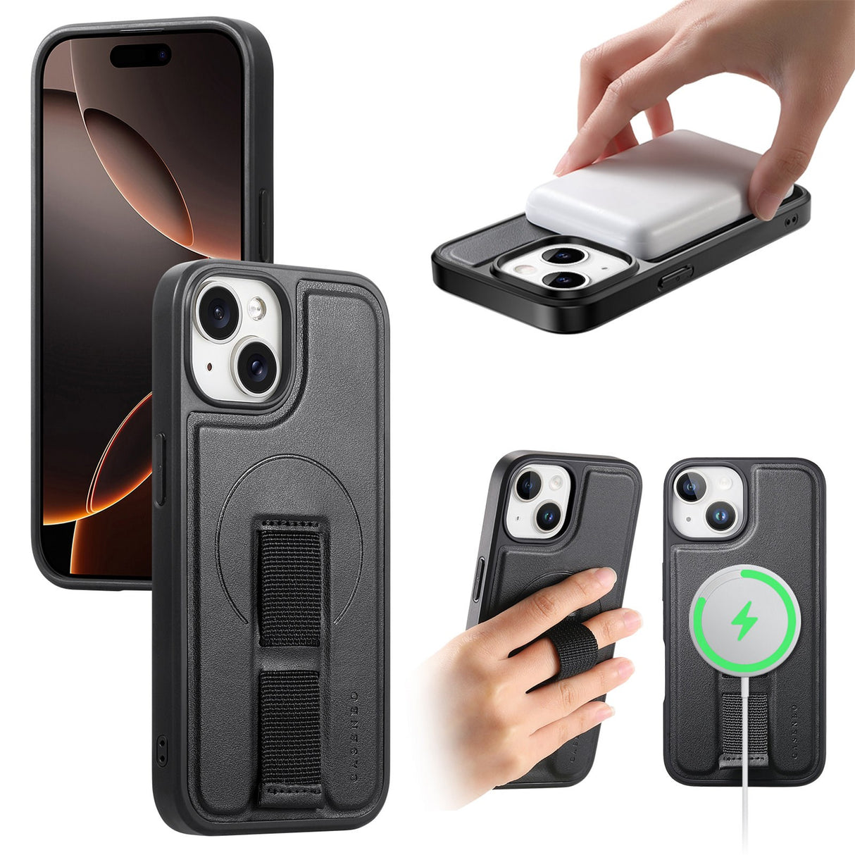 iPhone 14 / 13 Hard Plast Deksel m. Kunstskinn Bakside & Fingerrem - MagSafe Kompatibel - Svart
