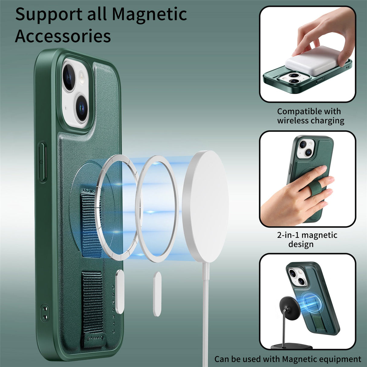 iPhone 14 / 13 Hard Plast Deksel m. Kunstskinn Bakside & Fingerrem - MagSafe Kompatibel - Grønn