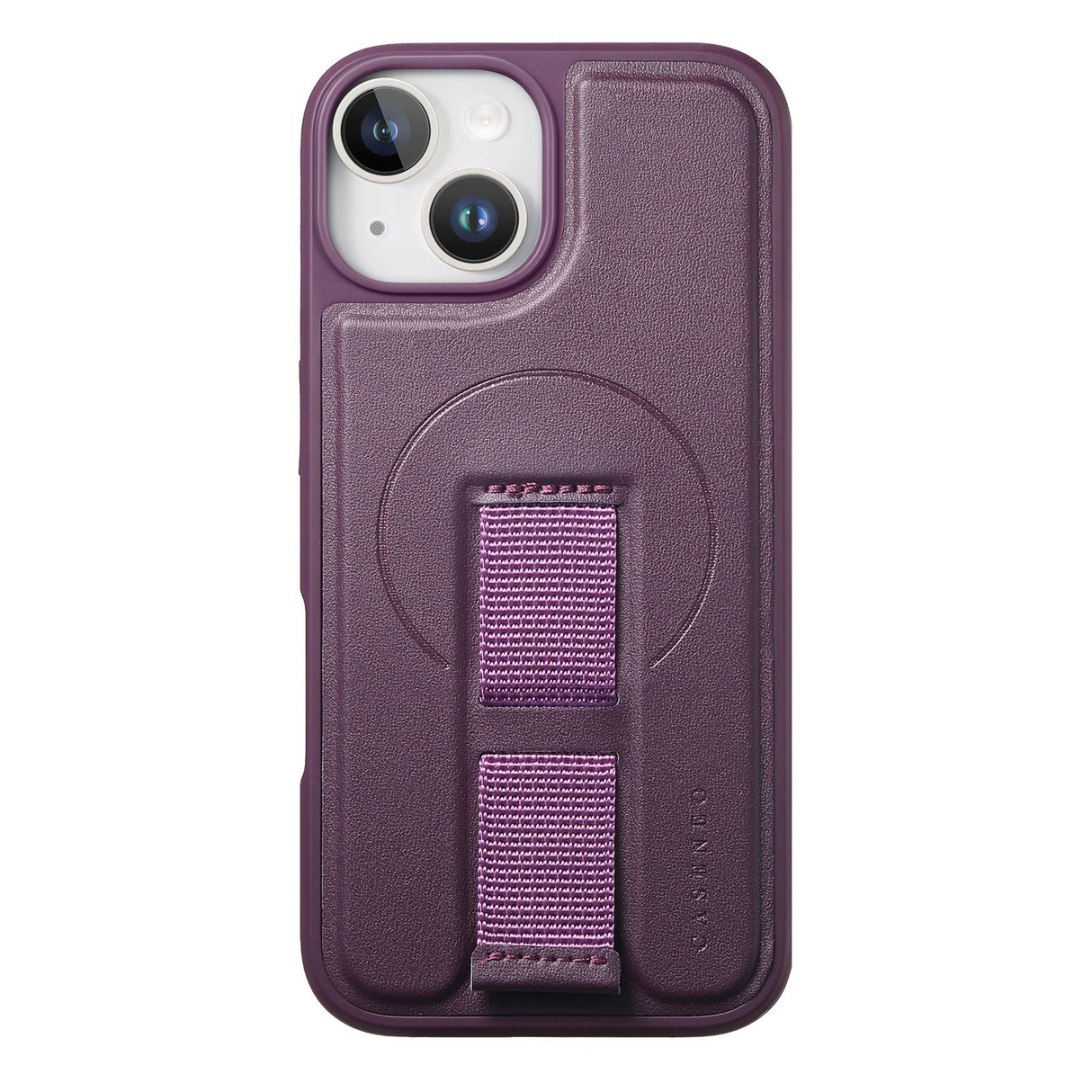 iPhone 14 / 13 Hard Plast Deksel m. Kunstskinn Bakside & Fingerrem - MagSafe Kompatibel - Lilla