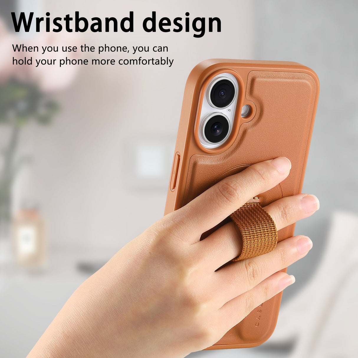 iPhone 16 Hard Plast Deksel m. Kunstskinn Bakside & Fingerrem - MagSafe Kompatibel - Brun