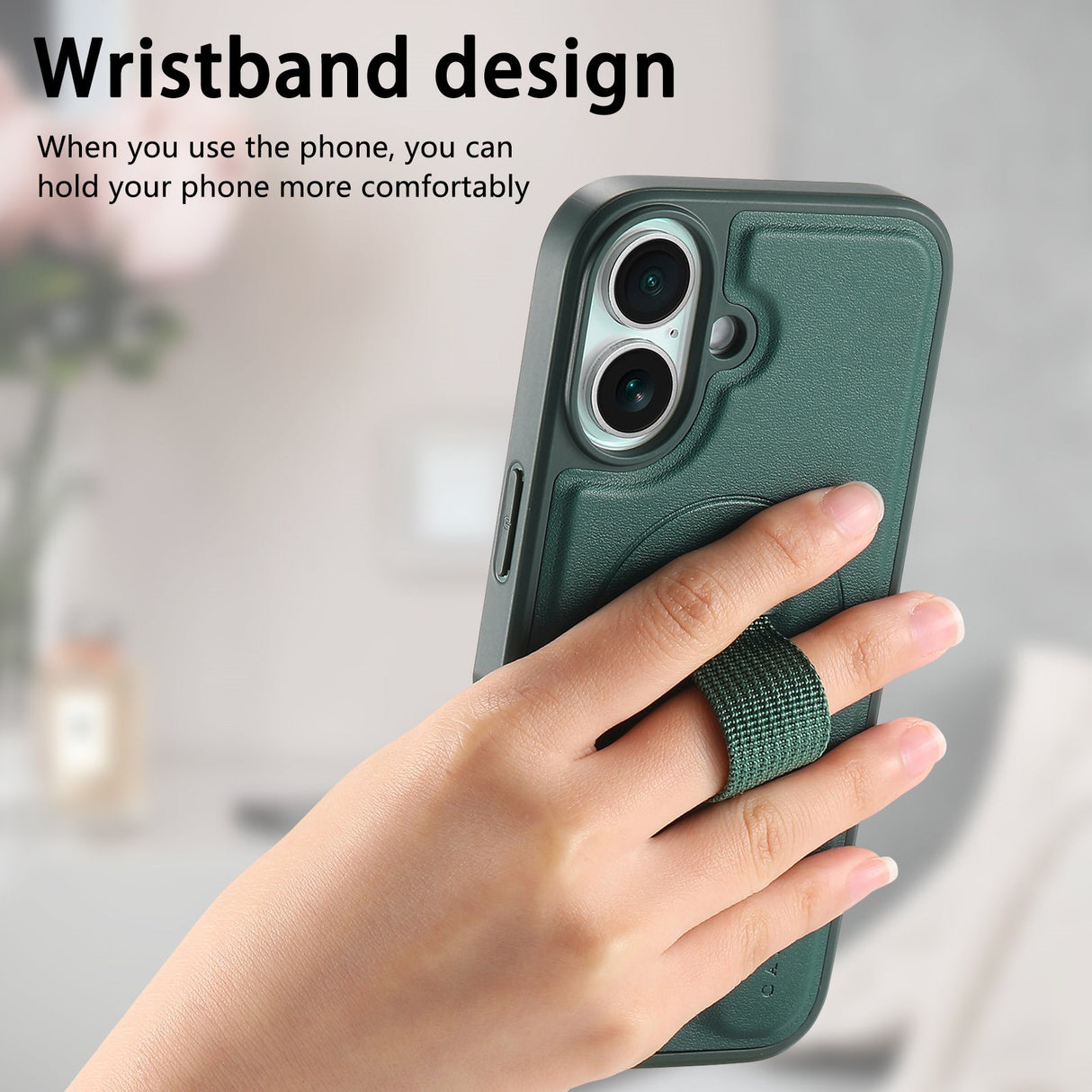 iPhone 16 Hard Plast Deksel m. Kunstskinn Bakside & Fingerrem - MagSafe Kompatibel - Grønn