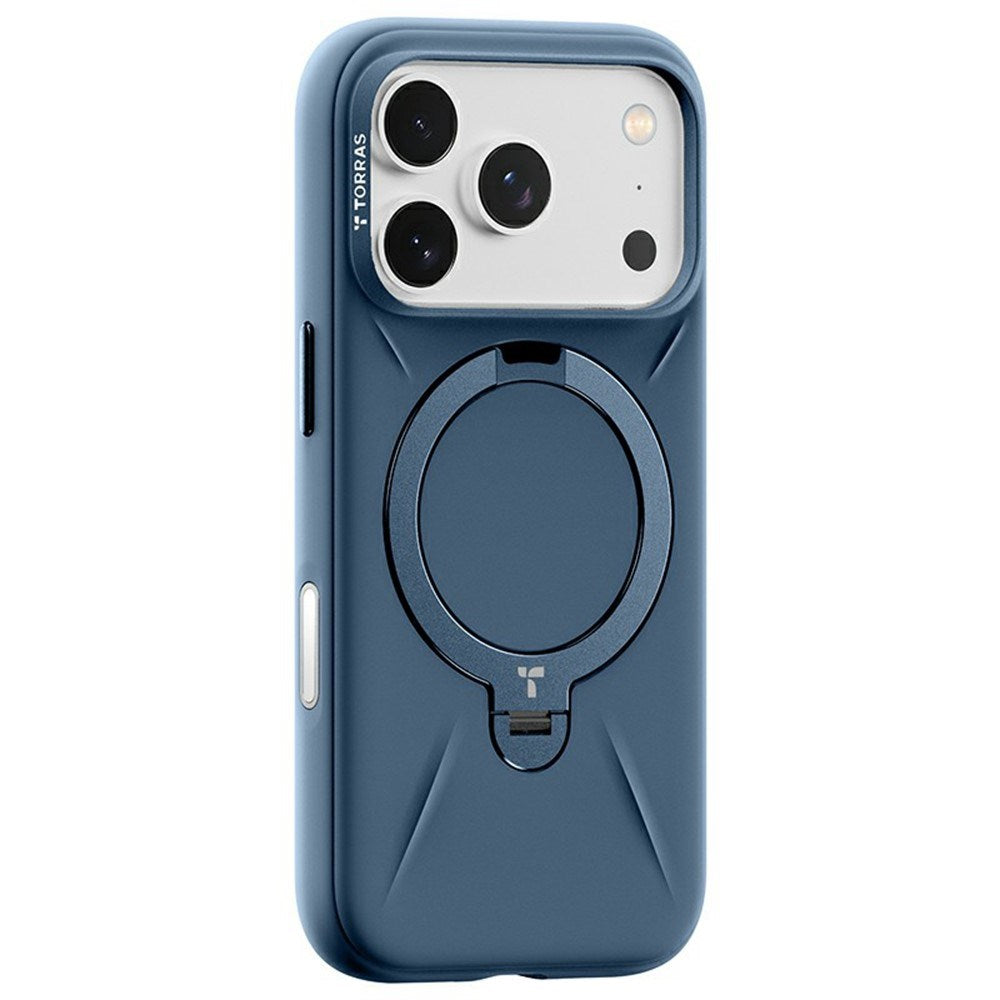 TORRAS iPhone 17 Pro Ostand Spin Silikon Deksel m. Roterende Kickstand - MagSafe Kompatibel - Blå