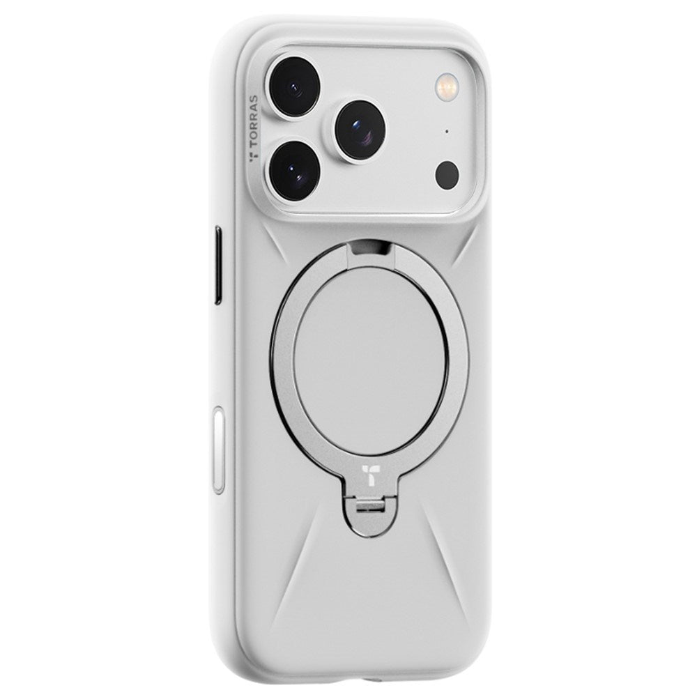 TORRAS iPhone 17 Pro Max Ostand Spin Silikon Deksel m. Roterende Kickstand - MagSafe Kompatibel - Hvit