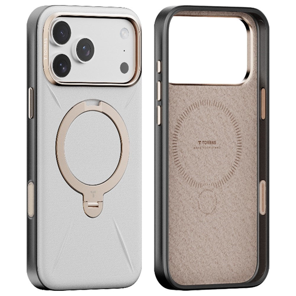 TORRAS iPhone 17 Pro Max Ostand Spin Kunstskinn Deksel m. Roterende Kickstand - MagSafe Kompatibel - Hvit