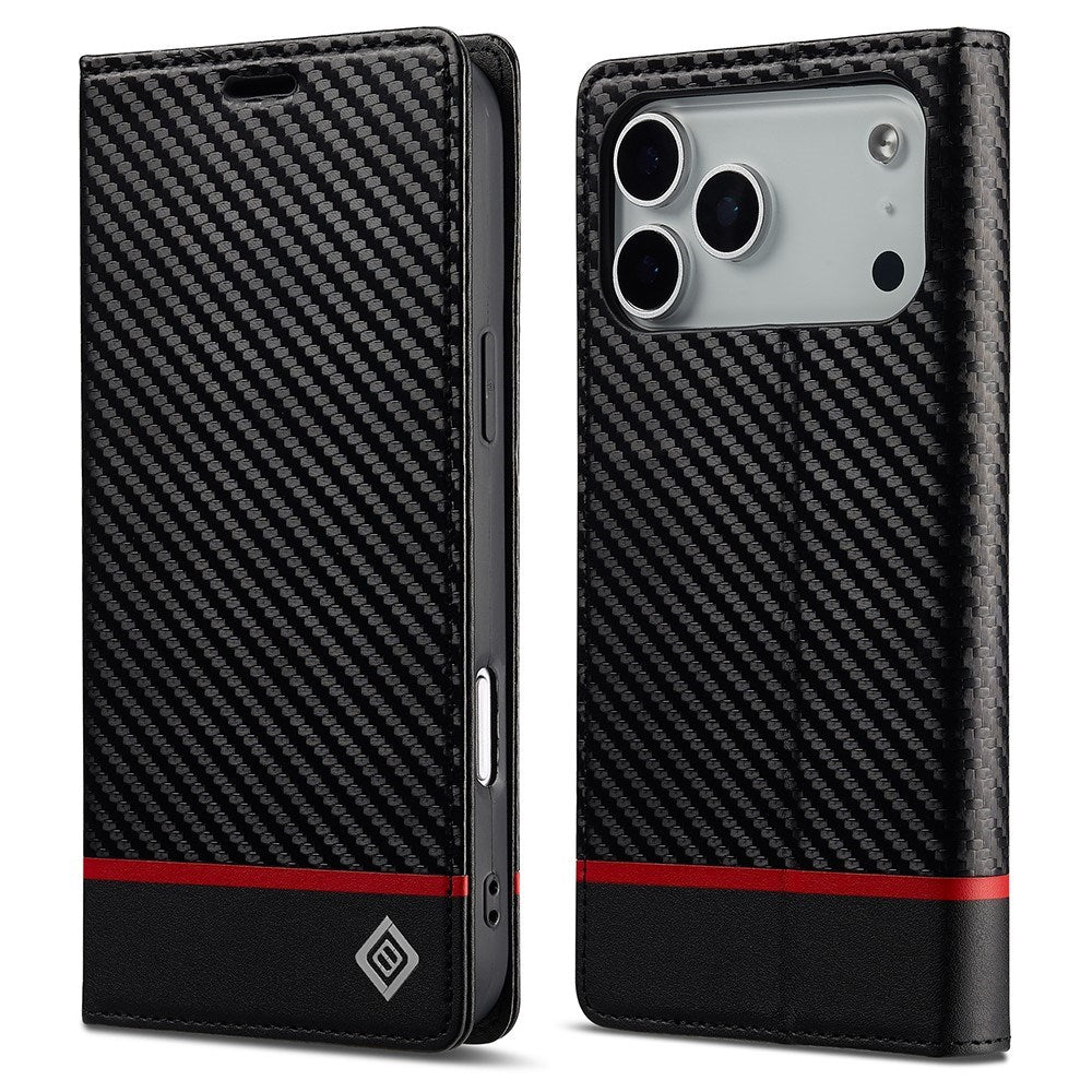 iPhone 18 Pro Max / 17 Pro Max LC.IMEEKE Kunstskinn Flip Deksel med Karbonfiber - Svart / Rød Horisontal Stripe