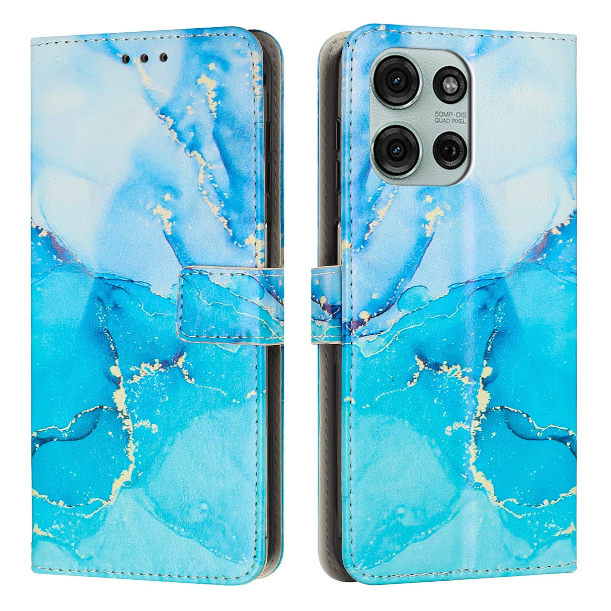 EIDERWOOD Motorola Moto G56 Marmor Mønstret Kunstskinn Flip Deksel m. Stropp - Blå