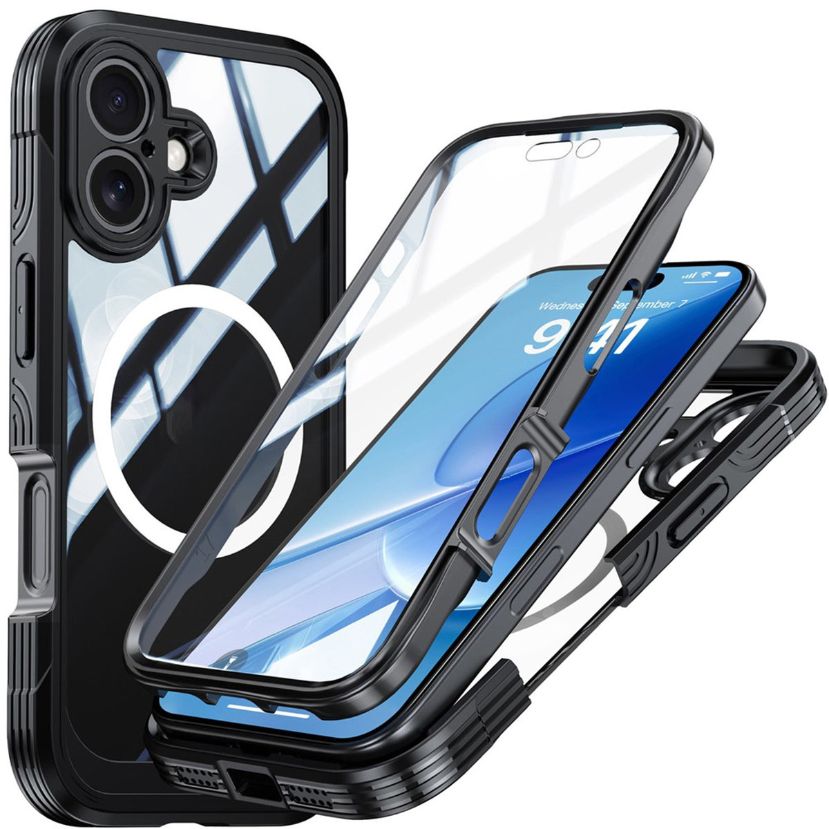iPhone 17 Hybrid Plast Deksel m. Innebygd Skjermbeskyttelse - MagSafe Kompatibel - Gjennomsiktig / Svart